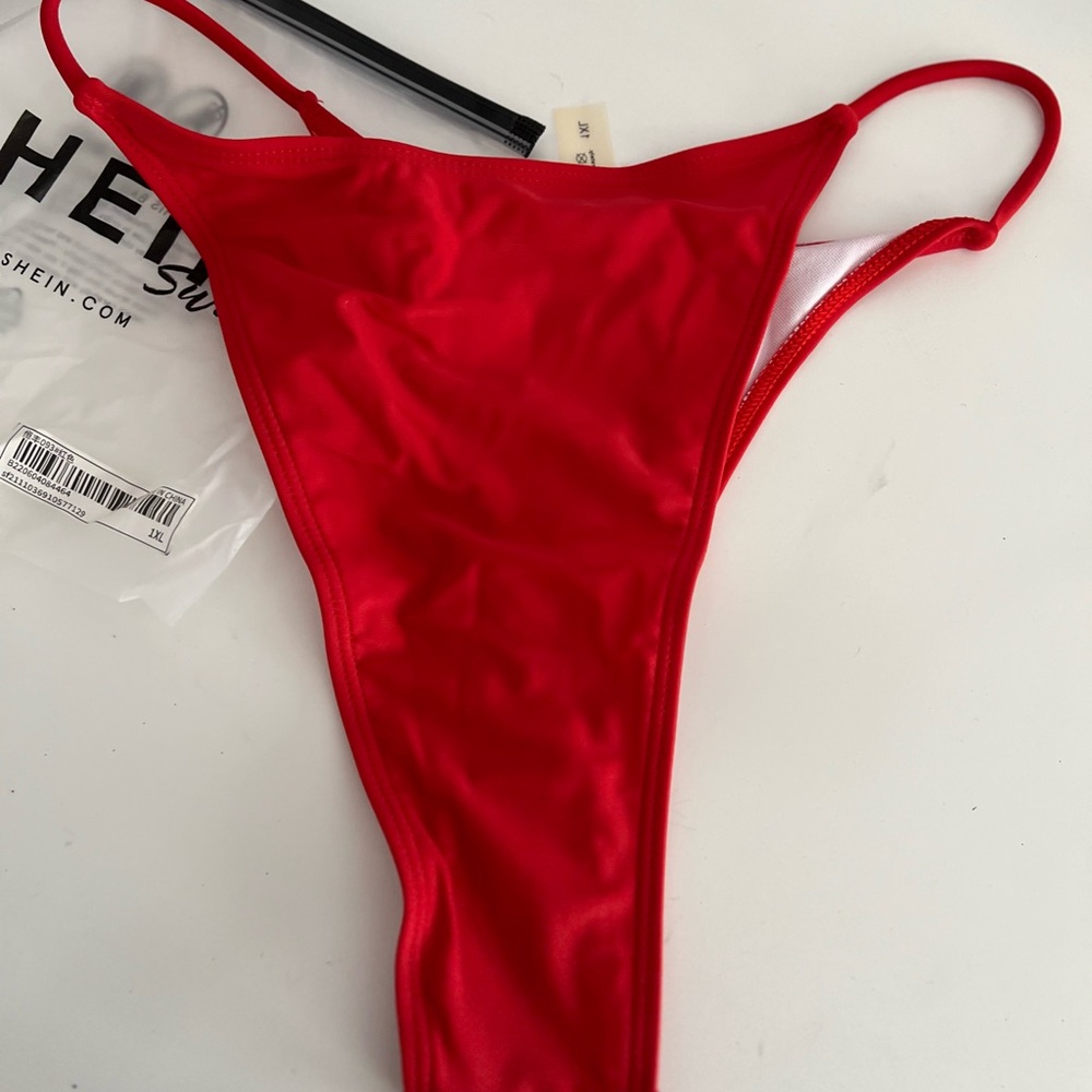 Shein Swim Red High Leg Thong Bikini Bottom Solid Minimalist 1XL NEW